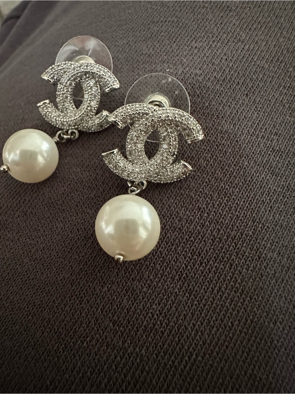 Silver Crystal CC Drop Earrings with Pearl